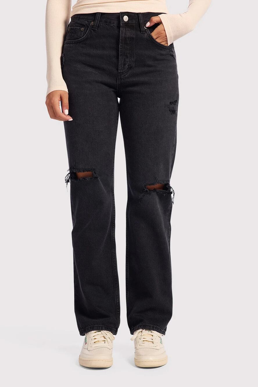 nuuds Curvy 100% Cotton High Waisted Distressed Denim Straight Jeans Jet Size 30